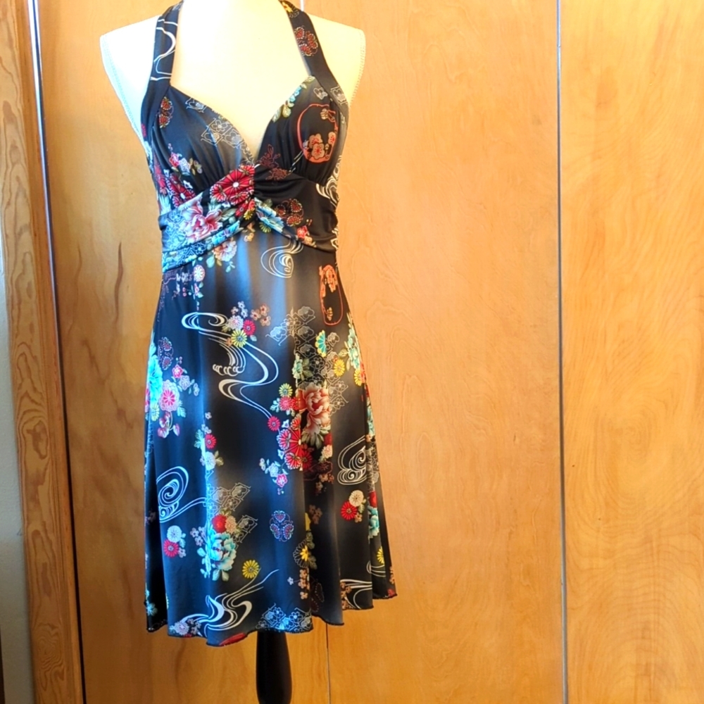 synthetic halter top sundress Asian floral